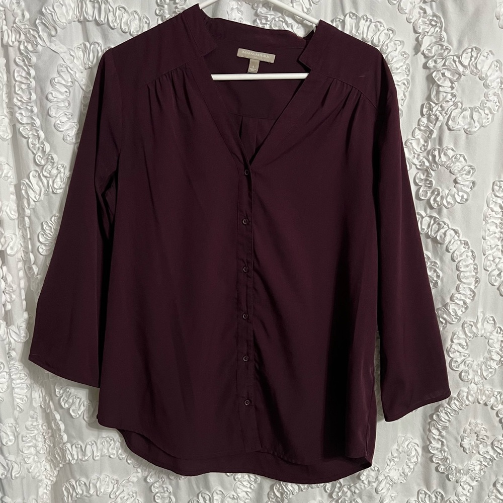Banana Republic Large Blouse Women's Wine Ballon Sleeve Button Front V Neck Top